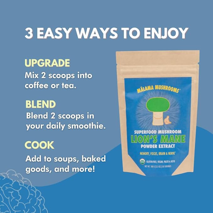 Lion's Mane Extract Powder by Malama, Organic Fruiting Body Lions Mane Mushroom Powder, Superfood Adaptogenic, Supports Memory, Focus, Brain, & Nerves