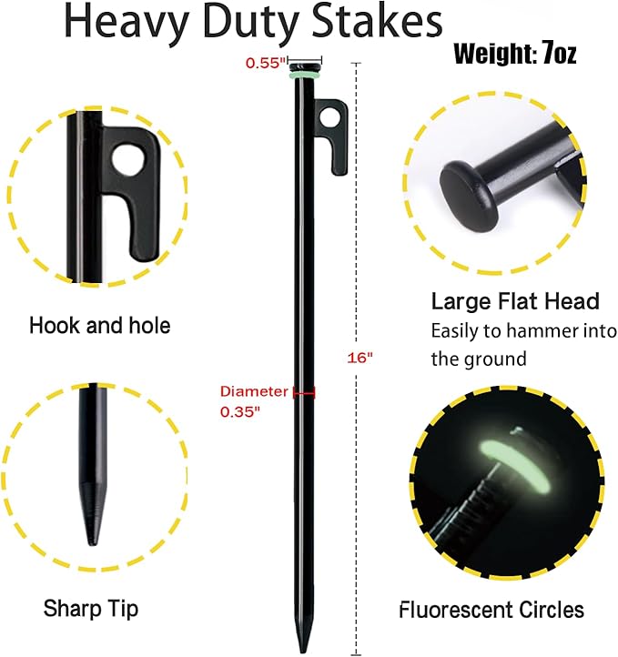 8 Pack Tent Stakes with Hammer, 16in Heavy Duty Tent Stakes + 12in Tent Stakes Hammer+Storage Pouch, Forged Steel Tent Stakes for Camping Used on Rocks(8Pcs 16in Tent Stakes and Hammer)