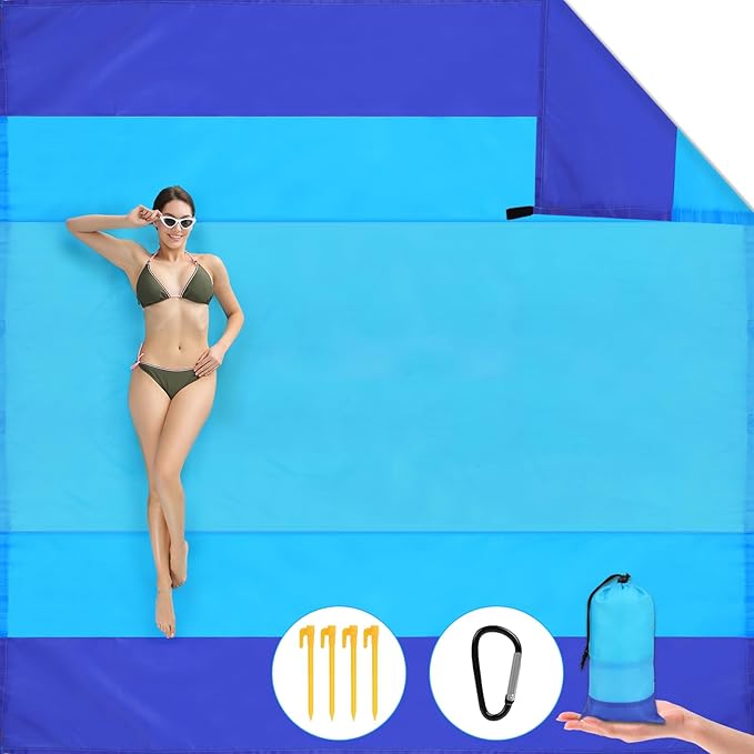 Beach Blanket Beach Mat, Sandproof Waterproof Beach Mat, Extra Large 82 * 79 in (5-7 People) Picnic Blanket with 1 Storage Bag, 1 Carabiner & 4 Fixed Nails for Beach, Camping, Hiking, Picnic