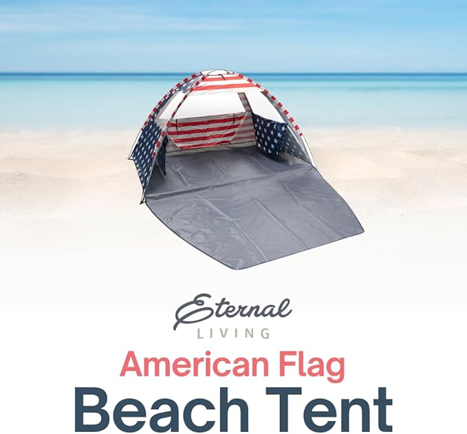 American Flag Portable Beach Tent Anti UV for 3-4 Person – Premium Beach Tent Sun Shelter with 3 Large Mesh Windows – Shade Tent for Camping Essentials - Beach Essentials for Women & Men (Easy Set up)