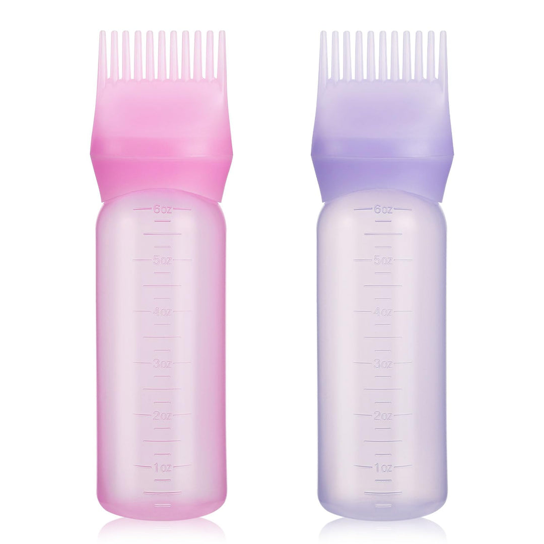Pimoys 2 Pack Root Comb Applicator Bottle 6 Ounce Oil Applicator for Hair Dye, Hair Oiling Applicator Brush with Graduated Scale, Pink and Purple