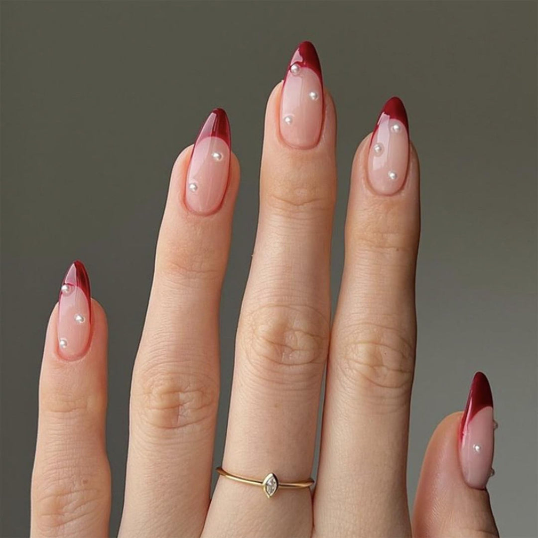 Rde French Tip Press on Nails Almond Medium Fake Nails with Design Pearl False Nails Press ons Glossy Full Cover Acrylic Glue on Nails Cute Artificial Stick on Nails for Women Manicure 24Pcs