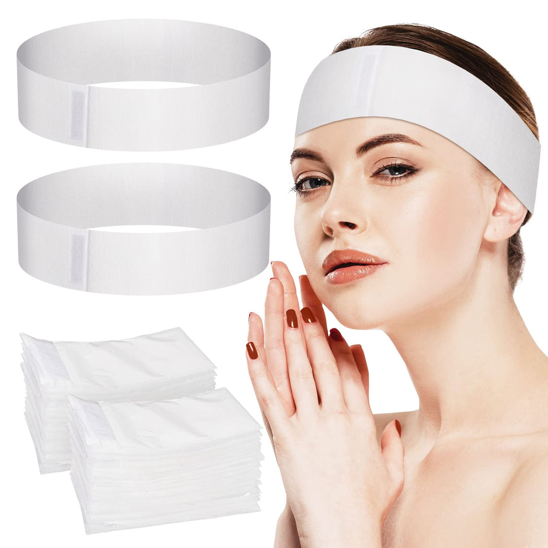 Noverlife 100Pcs Disposable Spa Facial Headbands, Elastic Headband Wrap With Adjustable Magic Tape, Stretch Non-Woven Facial Ban