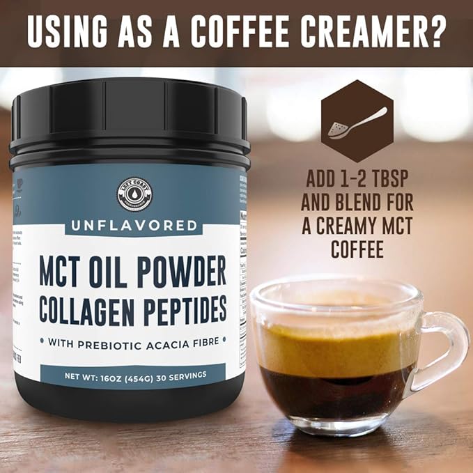 MCT Oil Powder + Keto Collagen Peptides + Acacia Fibre 16oz (Unflavored). 10g MCT, 5g Collagen. MCT Collagen for Coffee Creamer, Shakes, Smoothies, Ketogenic Low Carb Protein Powder