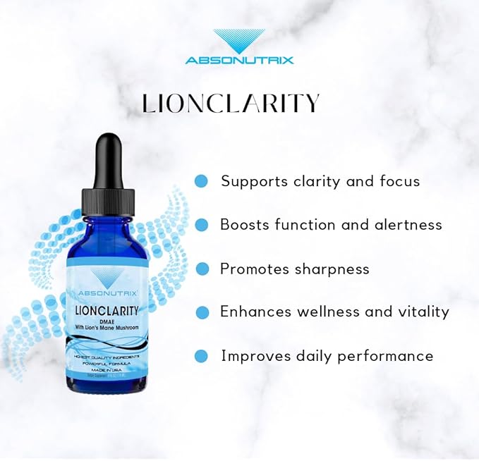 Absonutrix LionClarity, 390 mg, 4 FL Oz Liquid, 302 Servings, Made in USA, Plant-Based Ingredients, DMAE, Lion’s Mane, Huperzine A, Green Tea Extract, Non-GMO
