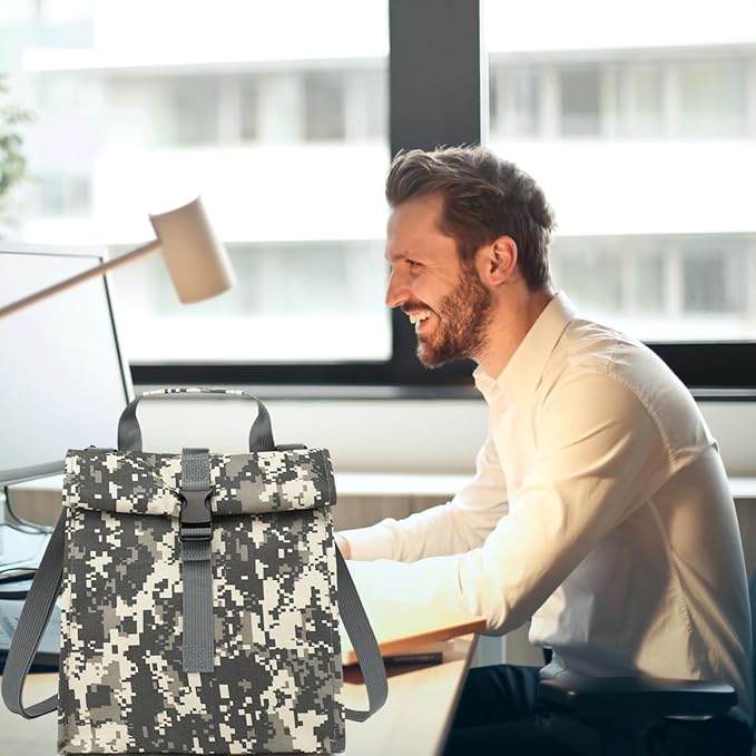 Insulated Lunch Bag for Men/Women/Kids, Roll top Reusable Lunch Box with Adjustable Shoulder Strap, Thermal Lunch Cooler Tote Container for Adults/Teens School Work Office Picnic,Black,Camo