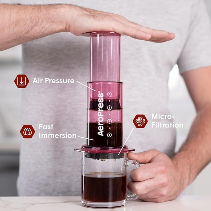AeroPress Clear Pink Coffee Press – 3 In 1 Brew Method Combines French Press, Espresso, Full Bodied Coffee Without Grit or Bitterness, Small Portable Coffee Maker for Camping & Travel, Pink