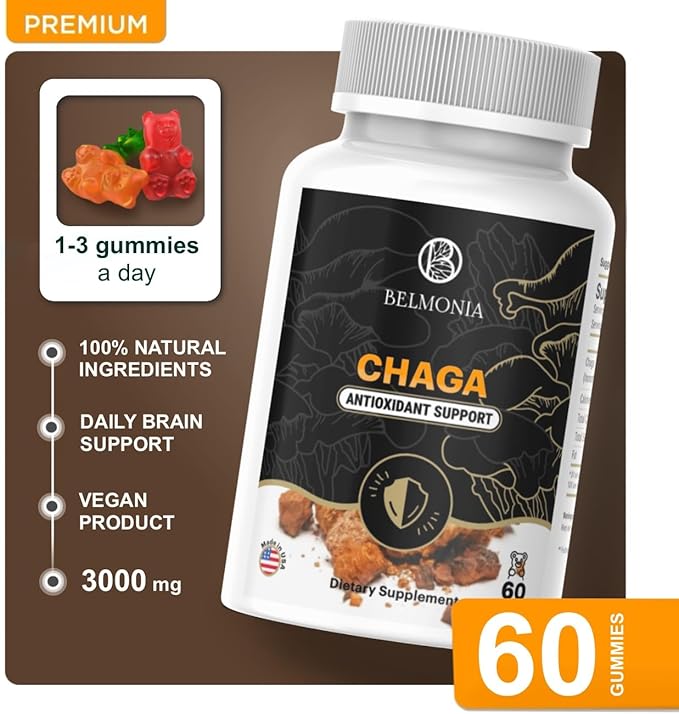 Chaga Mushroom Gummies - Antioxidant Immune Support Supplement - Dietary Mushroom Supplement - 60 Gummies - Made in USA - Shrooms for Health - Delicious & Vegan Frendly