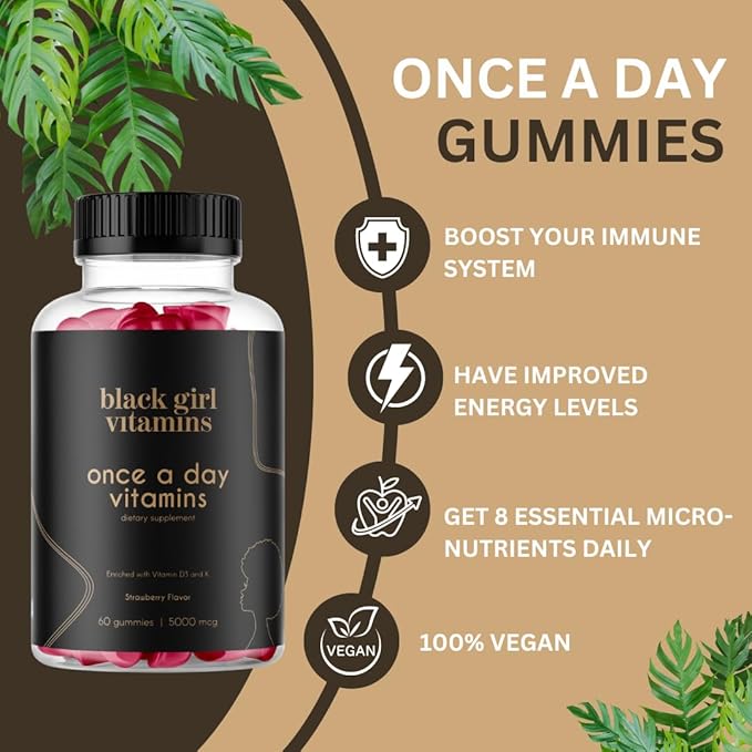 Black Girl Vitamins Once a Day - Womens Multivitamin Gummy - Vitamin A, B, C, E and Zinc. Multivitamin for Women, Immune Support. Vegan, Gluten-Free. Made in The USA (Strawberry, 30 Day Supply)