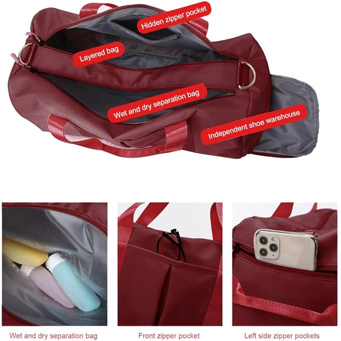 Blackwheel Sports Gym Bag With Shoe Bag Wet Bag Duffle Bag Waterproof Travel Bag for Women Cute Gym Bag Wine-Red 29L
