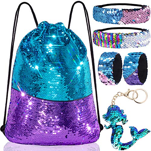 Mermaid Reversible Sequin Drawstring Backpack/Bag Blue/Pink for Kids Girls One_Size