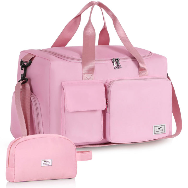 FIORETTO Women's Water-Resistant Gym Duffle Bag with Shoes Compartment, 37L Capacity, Multi-Functional, Ideal for Travel, Gym, Sports, Weekender, with Toiletry Bag, Pink