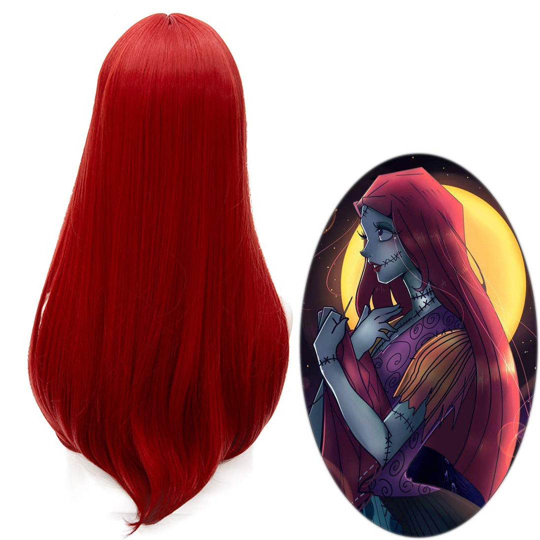 60Cm Red Sally Wig For Women, Long Straight Center Part Cosplay Wig For Halloween Costume Party
