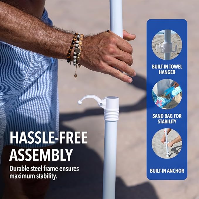 6x6 Easy Up Cabana - Sun Shelter with Privacy Wall, Canopy Includes Umbrella Table Tray, Towel Hanger, and Sand Anchor Shade (Beach Stripes)