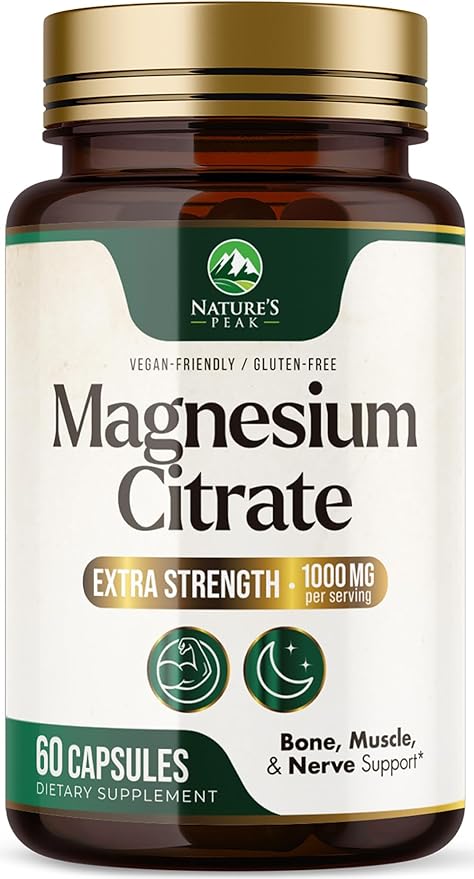 Magnesium Citrate Extra Strength 1000 mg - High Absorption Magnesium Supplement for Muscle, Bone, Nerve & Heart Health Support, Magnesio Vitamin Pills, Non-GMO, Nature's Premium Formula - 60 Capsules