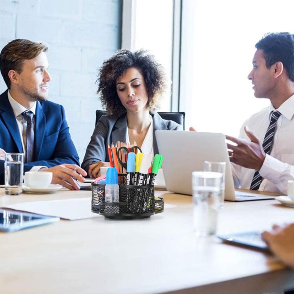 360° Rotation Multi Functional Pen Holder, Mesh Desktop Caddy, Rotating Pencil Holder, High Capacity, with Non Skid Rubber Mat, 7 Compartments, for Office Storage, Dressing Table (Pink)