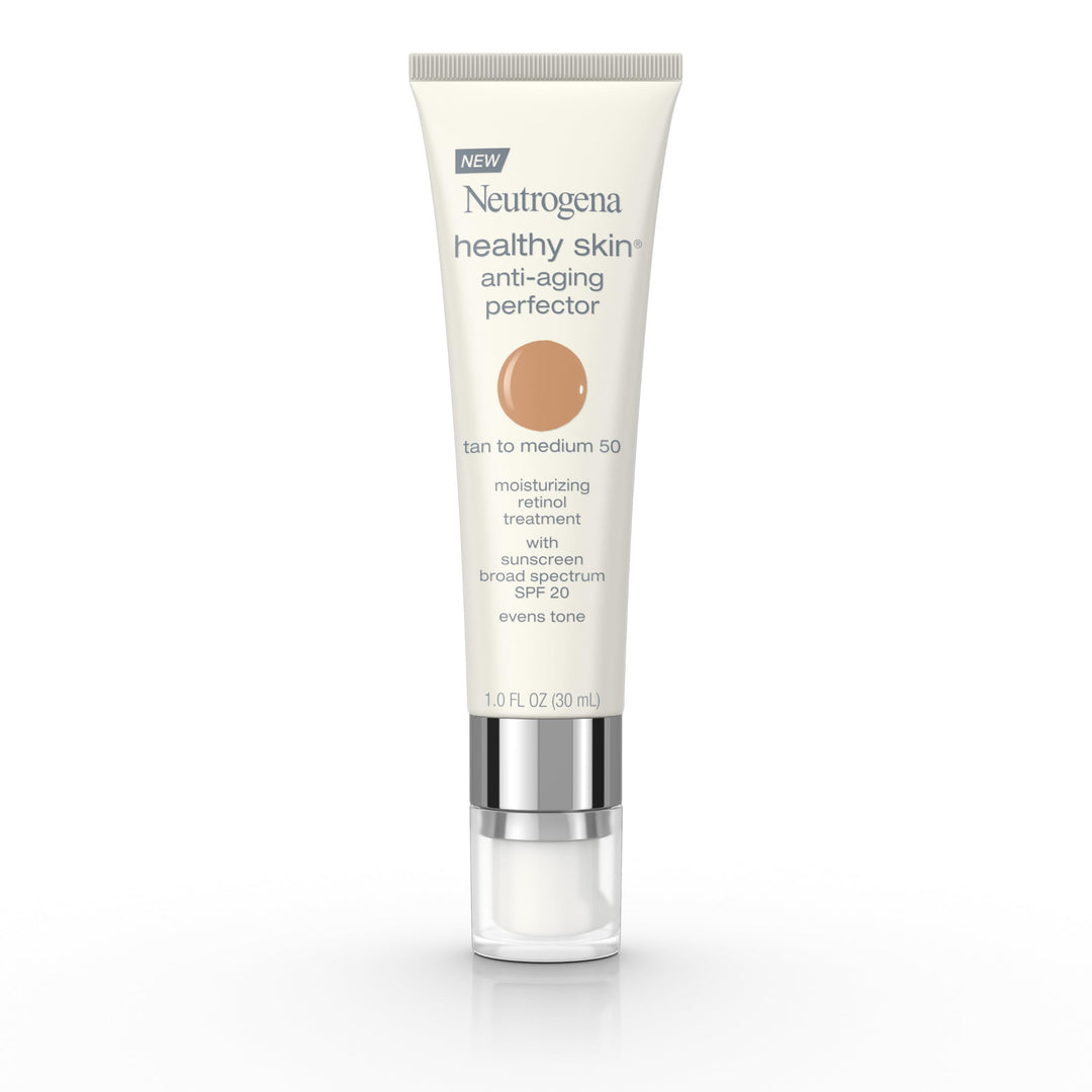 Neutrogena Healthy Skin Anti-Aging Perfector Tinted Facial Moisturizer and Retinol Treatment with Broad Spectrum SPF 20 Sunscreen with Titanium Dioxide, 50 Tan to Medium, 1 fl. oz