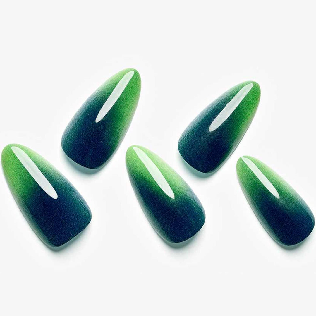 GLAMERMAID Press on Nails Medium Almond, Handmade Green Ombre Gel Glue on Nail, 24Pcs Glossy Short Stiletto Reusable UV Finish Fake Nails Acrylic False Nails Manicure Kits for Women