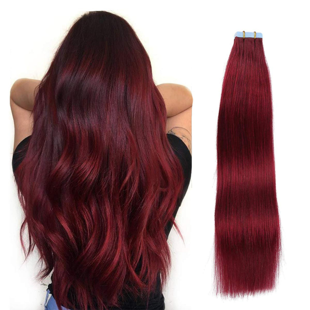 SUYYA Tape in Hair Extensions Burgundy 100% Real Human Hair 12 inches 20pcs 40g/pack Straight Seamless Skin Weft Wine Red Tape Hair Extensions(12 inches#Burgundy)