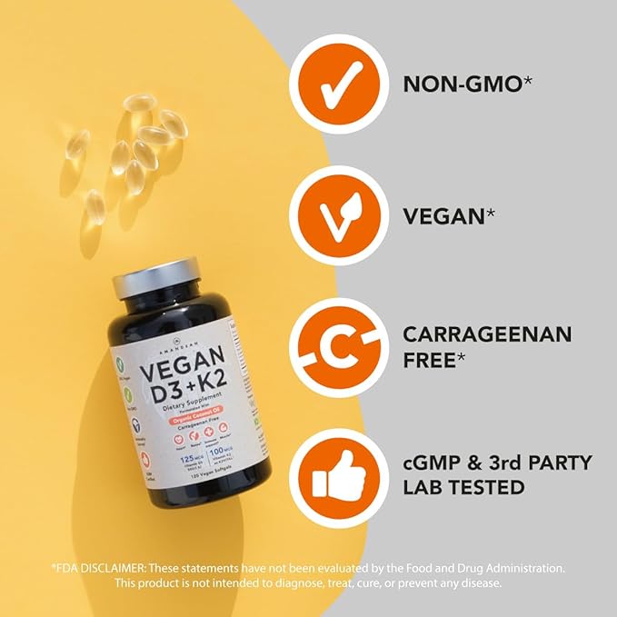 AMANDEAN Vegan Vitamin D3 K2. 5000 iu from Algae. All-Trans MK-7. 120 Softgels. Plant-Based & Carrageenan Free. Organic Coconut Oil Blend. for Mood, Bones, Heart, Immune Health (Packaging May Vary)