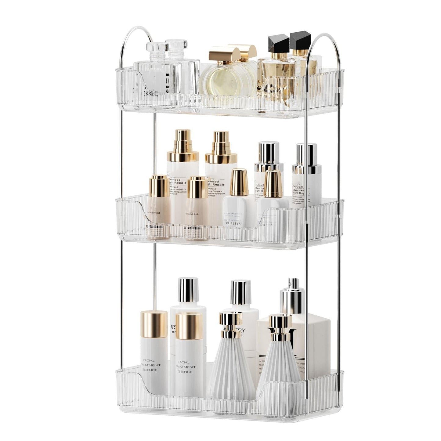 Bathroom Organiser Countertop - Vanity Trays for Skincare Makeup, 3-Tier Counter Shelf for Cosmetics, Toiletries, Lotions, Perfumes (Clear)