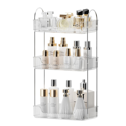 Bathroom Organiser Countertop - Vanity Trays for Skincare Makeup, 3-Tier Counter Shelf for Cosmetics, Toiletries, Lotions, Perfumes (Clear)