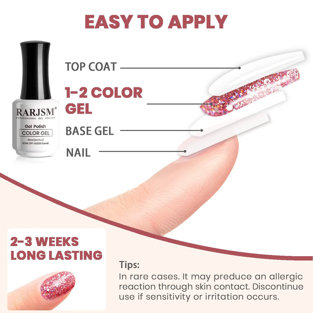 RARJSM Glitter Gel Nail Polish - Chunky Rose Pink Shimmer Iridescent Gel Polish 15ml Holographic Rainbow Effect Soak off Led UV Curing Required High Pigments for Home Salon Manicure Nail Art