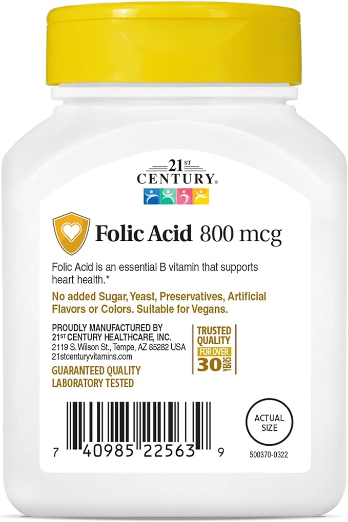 21st Century 800 mcg Folic Acid Tablets, Assorted, 180 Count (Pack of 2)