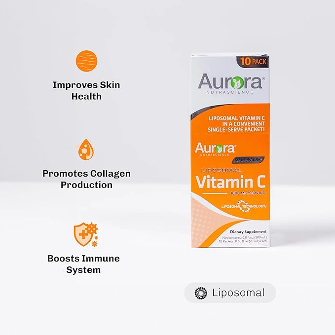 Aurora Nutrascience Mega-Pack Liposomal Vitamin C, Immune Support, 3,000 mg Per Serving, Vegan, Gluten Free, Non-GMO, 10 Single Serve Packets, Orange