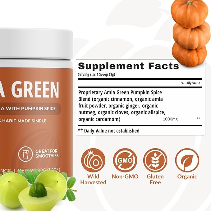 Amla Powder, Green Tea Superfood Supplement with Pumpkin Spice & Hibiscus & Elderberry, Organic, Vegan, 30 Servings