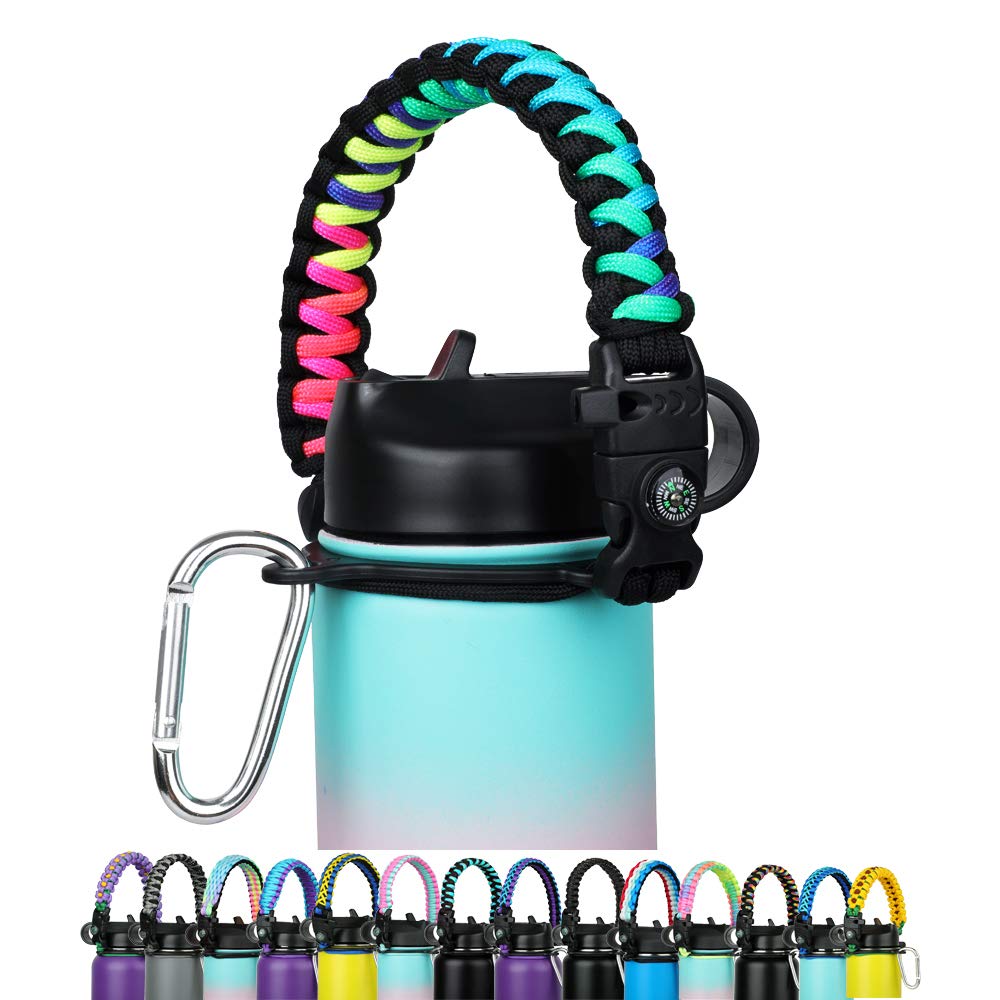 Paracord Handle - Fits Wide Mouth Bottles 12oz to 64oz - Durable Carrier, Paracord Carrier Strap Cord with Safety Ring,Compass and Carabiner - Ideal Water Bottle Handle Strap (Weave Rainbow)