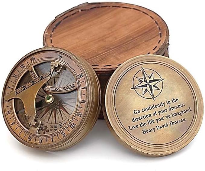 Handmade Brass Sundial Compass – Thoreau Dream Chaser Quote – Go Confidently in The Direction of Your Dreams – Vintage Sun Clock with Leather Case – Gift for Explorer, Graduate or Loved One