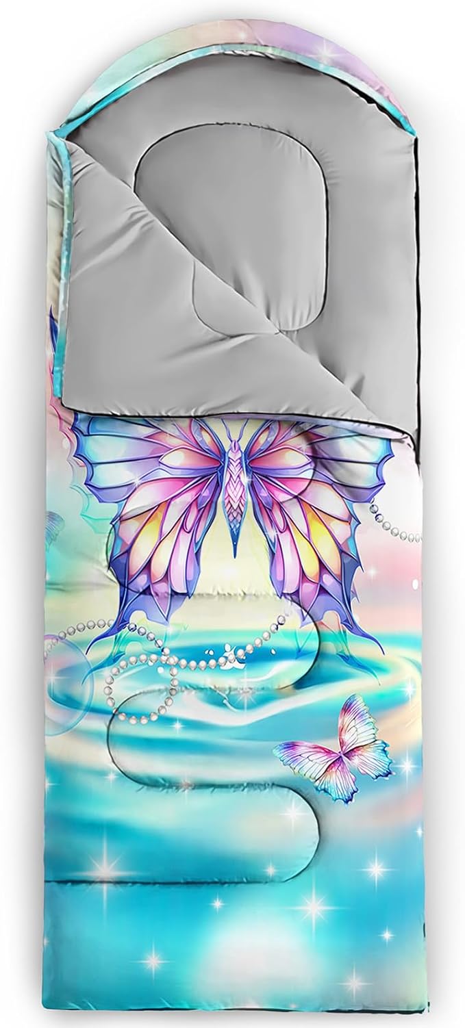 AILONEN Kids Floral Cat Camping Sleeping Bags,Lightweight & Waterproof,3 Season Warm & Cool Weather,Kawaii Kitten Sleeping Bags for Girls Adults,Travelling,Outdoors