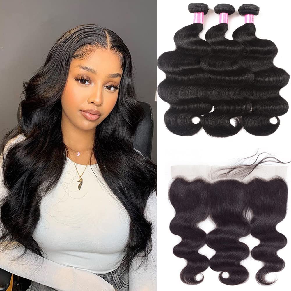 12A Human Hair Bundles With Lace Frontal (16 18 20+14 Frontal) Body Wave 3 Bundles With 13X4 Lace Closure Frontal 100% Unprocess