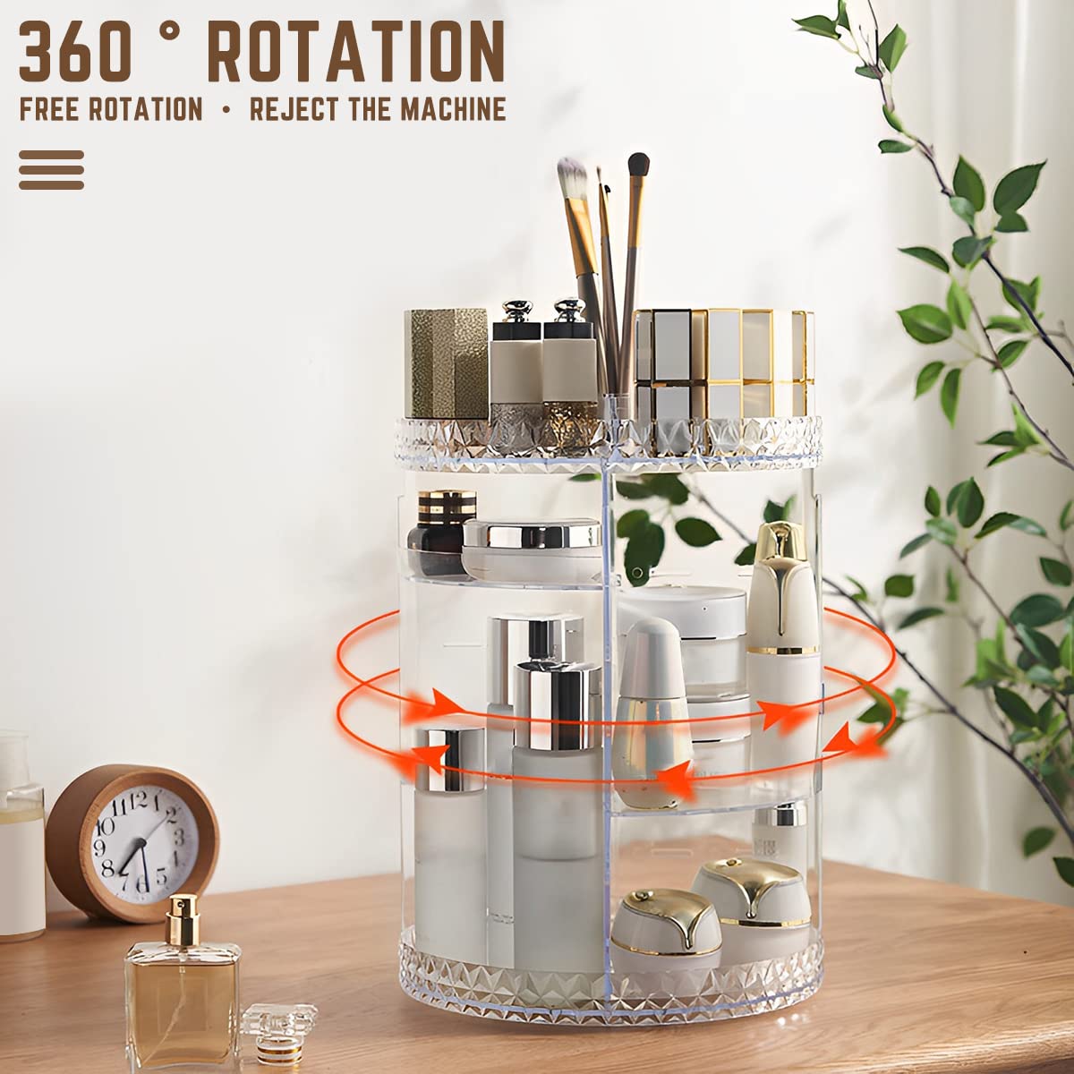 3 Tiers Rotating Makeup Organizer with Compartment 360° Rotating Makeup Stand Display Case Large Capacity Cosmetic Display Box Clear for Dresser Bathroom Skincare,Lipsticks,Makeup Brushes