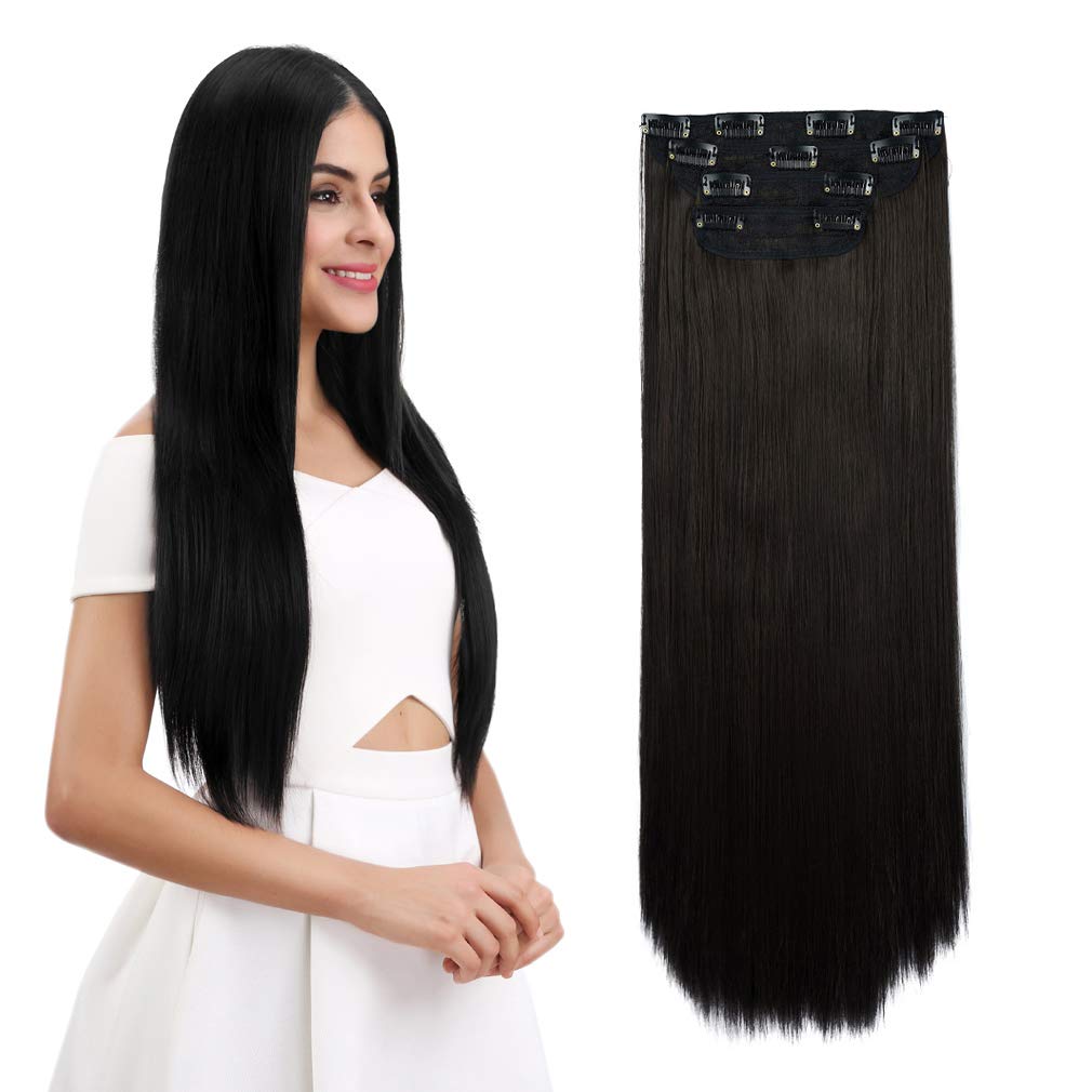 Reecho 26'' Straight Super Long 4 Pcs Set Thick Clip In On Hair Extensions Black Brown