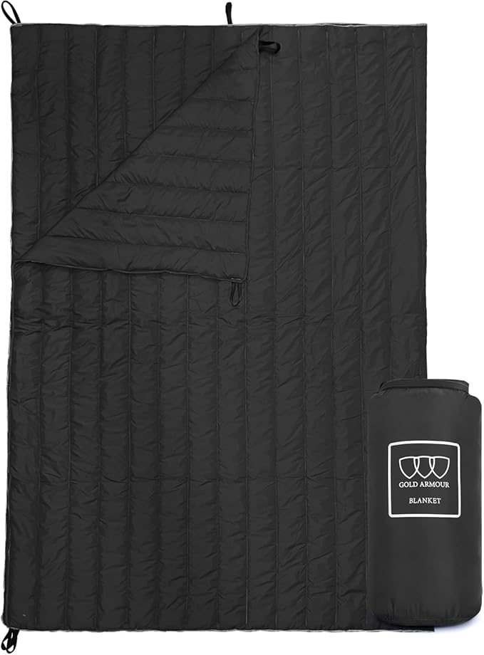 Gold Armour Camping Blanket - Puffy, Packable, Lightweight & Compact Insulated Camping Quilt for Outdoor - Backpacking, Beach, Stadium, Camp, Travel and Hiking Gear Essentials (Black)