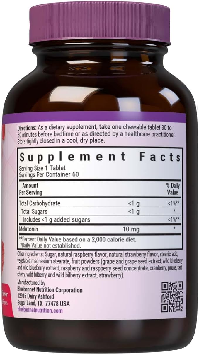 BlueBonnet Nutrition EarthSweet Melatonin 10 mg Fast-Acting Quick Dissolve Nighttime Relaxation & Restful Sleep Support - Sleep Aid - Gluten-Free, Vegan - Raspberry Flavor - 60 Chewable Tablets
