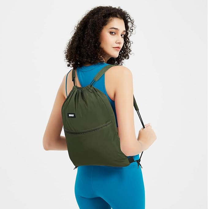 WANDF Drawstring Backpack Sports Gym Bag with Shoulder Pads Water Resistant String Bag Cinch Bag for Women Men (Dark Green)