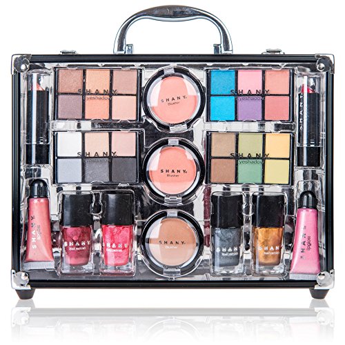 SHANY Carry All Trunk Makeup Train Case with Re-usable Aluminum Beauty Storage Organizer Case. Make up Set with Eye palettes, Blushes,Face Powders, Manicure, Pedicure and Cosmetics Brushes.