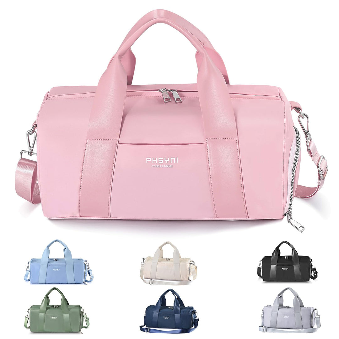 PHSYNI Compact Sports Gym Bag for Women Girls, Cute Mini Duffle Bag with Wet Pocket & Shoes Compartment, Personal Item Travel Workout Bag, 16"-Small, Pink