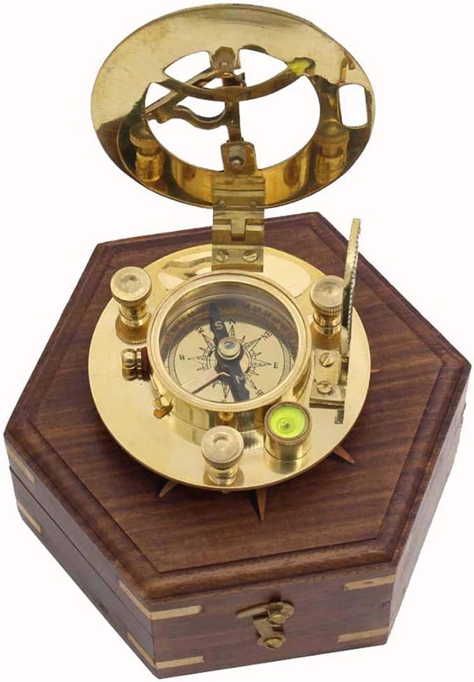 Antique Reproduction Hatton Garden Brass Sundial Compass with Compass Rose Inlaid Hardwood Case – Unique Gift for Someone Special – Great for Father’s Day, Boss, or Groomsmen Gift