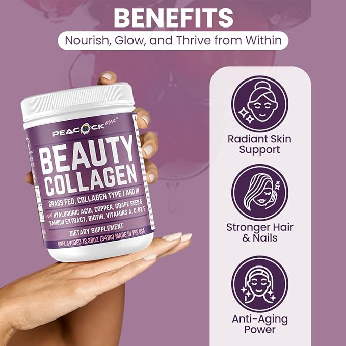 Beauty Collagen Peptides for Women 12.28 oz – Hydrolyzed Collagen Peptides Type I & III Protein Powder with Hyaluronic Acid, Grass Fed Collagen, Biotin, Grape Seed Extract, Multivitamins