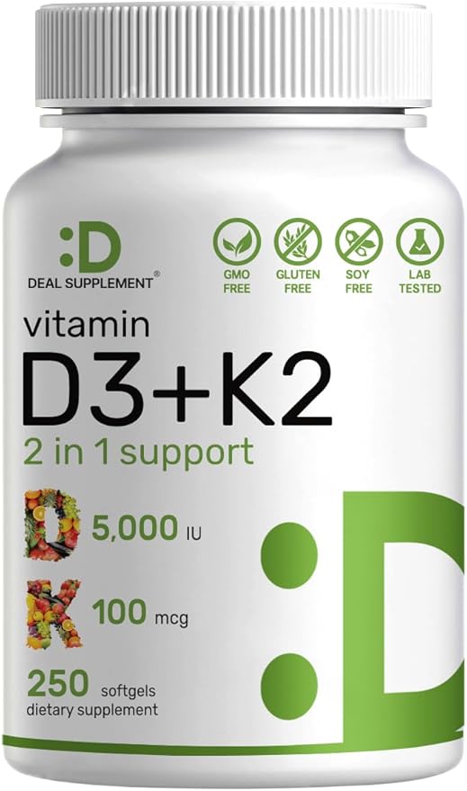 DEAL SUPPLEMENT Vitamin D3 K2 Softgel, 250 Count, 2-1 Complex, Vitamin D3 5000 IU & Vitamin K2 MK7, Promotes Heart, Bone & Teeth Health – Easy to Swallow