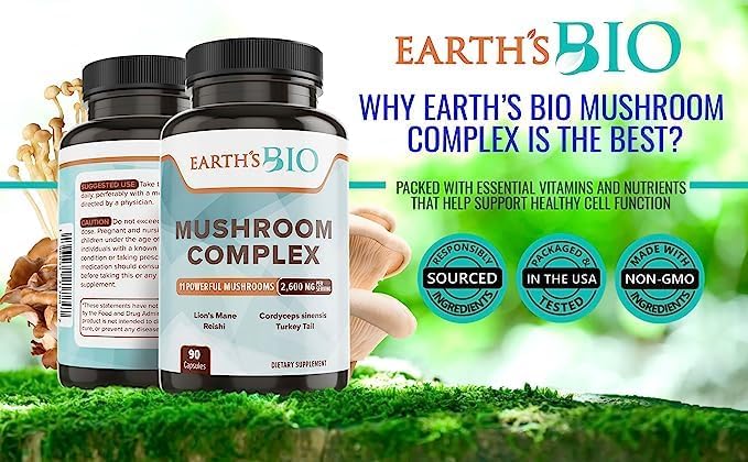 EARTH'S BIO Mushroom Supplement Complex 2,600 mg per Serving, 90 Caps, with Organic Lion's Mane Mushroom, Turkey Tail, Enoki Agaricus, White Button & Oyster Mushroom - Memory & Immune Support
