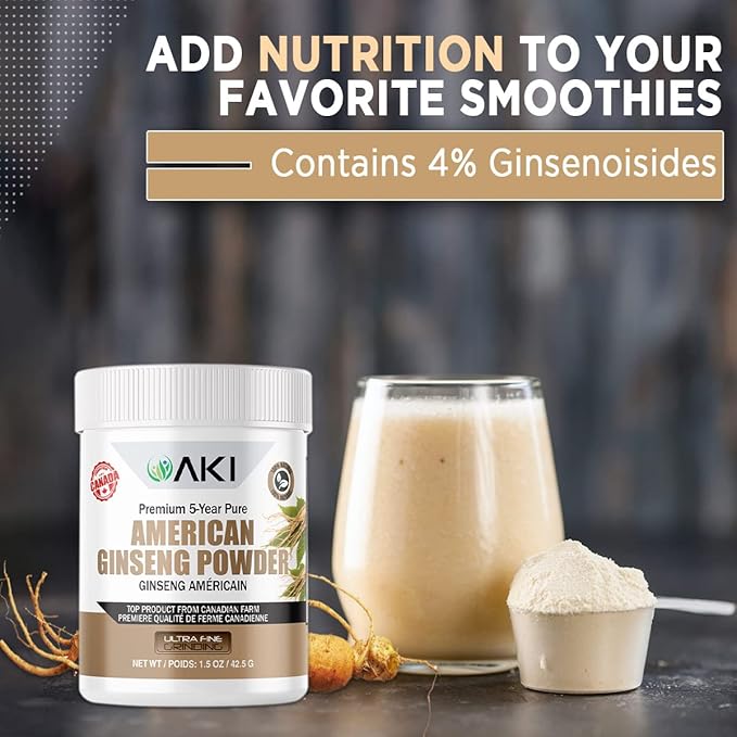 AKI American Ginseng Powder with 4% Ginsenosides - Ideal with Coffee, Beverages Like Smoothies - Pack of 1 (1.5oz/42.5g)