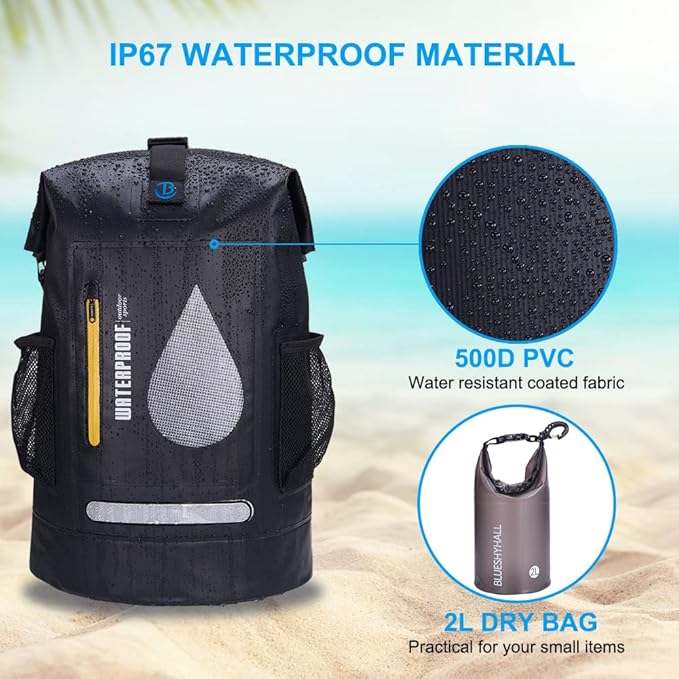 Blueshyhall 30L Waterproof Dry Backpack, Outdoor Travel Roll Top Closure Water Repellent Duffle Storage Sack for Kayaking Rafting Boating Fishing Camping and Beach - Black