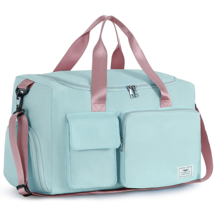 FIORETTO Women's Water-Resistant Gym Duffle Bag with Shoes Compartment, 37L Capacity, Multi-Functional, Ideal for Travel, Gym, Sports, Weekender, Green & Pink
