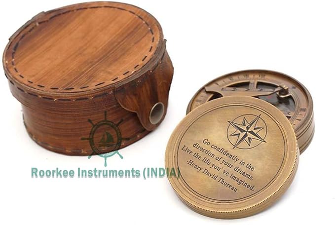 Handmade Brass Sundial Compass – Thoreau Dream Chaser Quote – Go Confidently in The Direction of Your Dreams – Vintage Sun Clock with Leather Case – Gift for Explorer, Graduate or Loved One