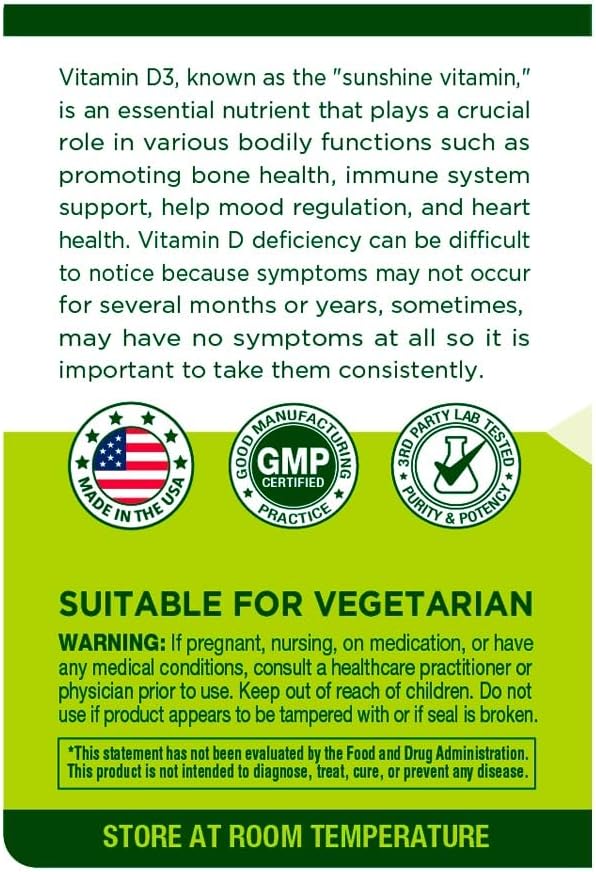 Vitamin D3 2000 IU (50 mcg) 300 Vegetable Capsules Support Healthy Bones Teeth Immune System Supplement